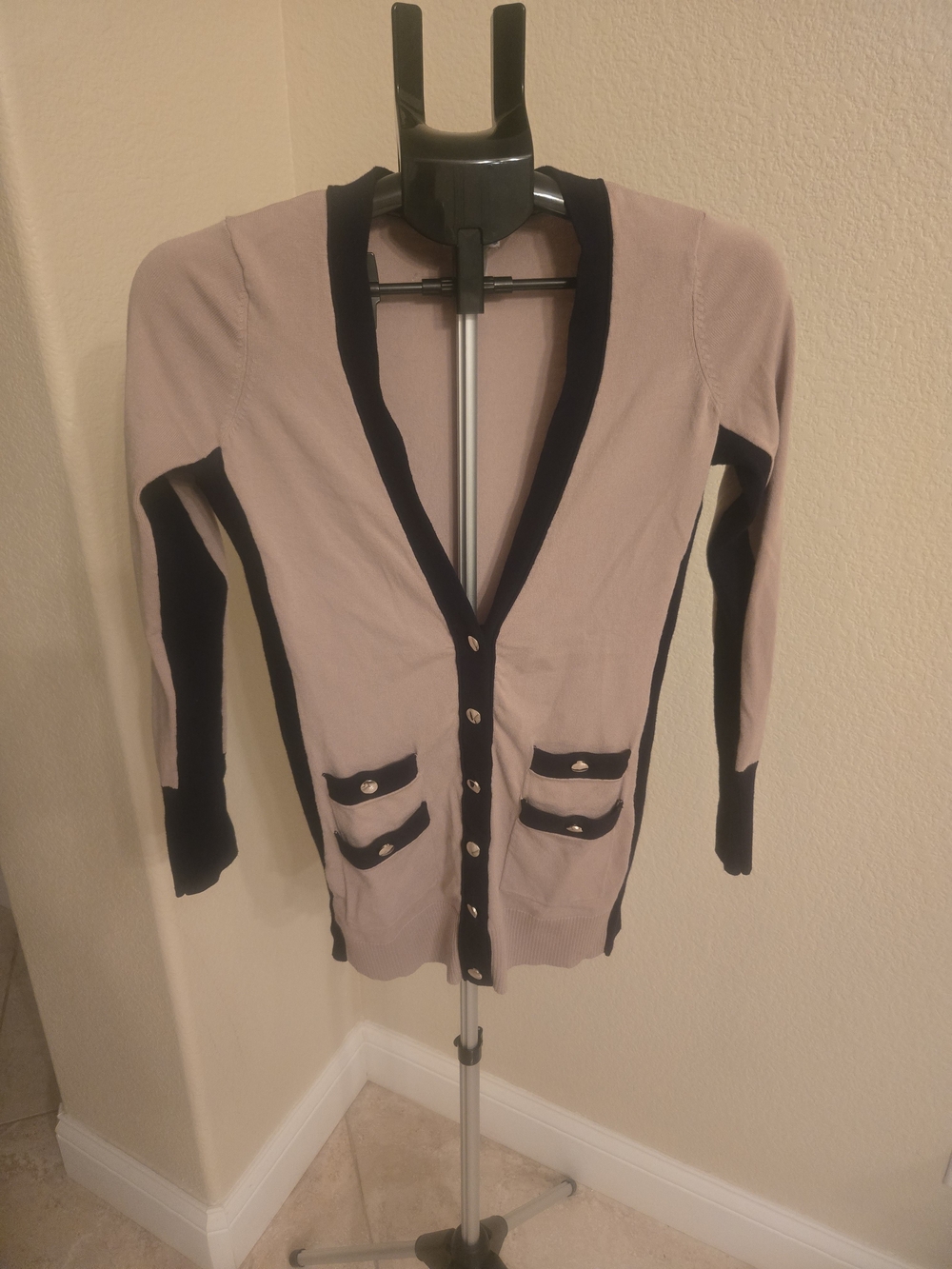 Cache Taupe and Black Contrast Trim Gold Button Cardigan